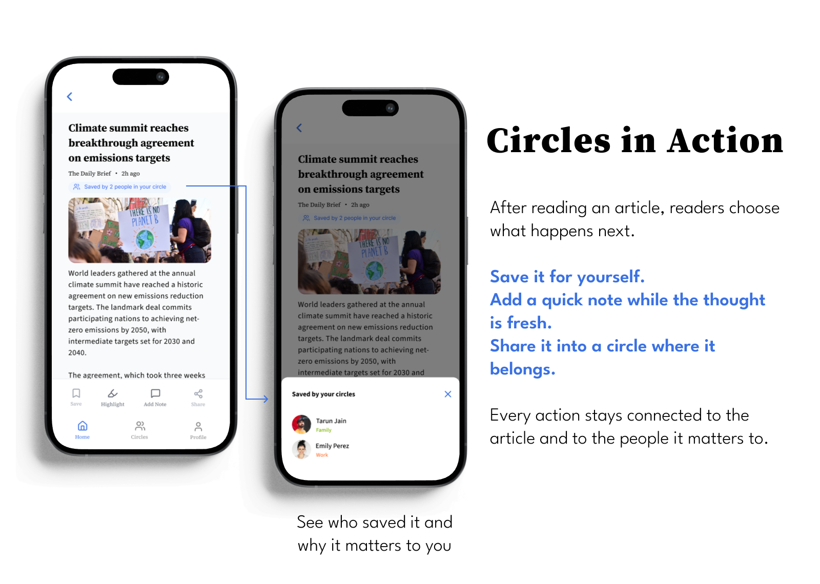 Circles in action, article view and saved-by-circles sheet side by side