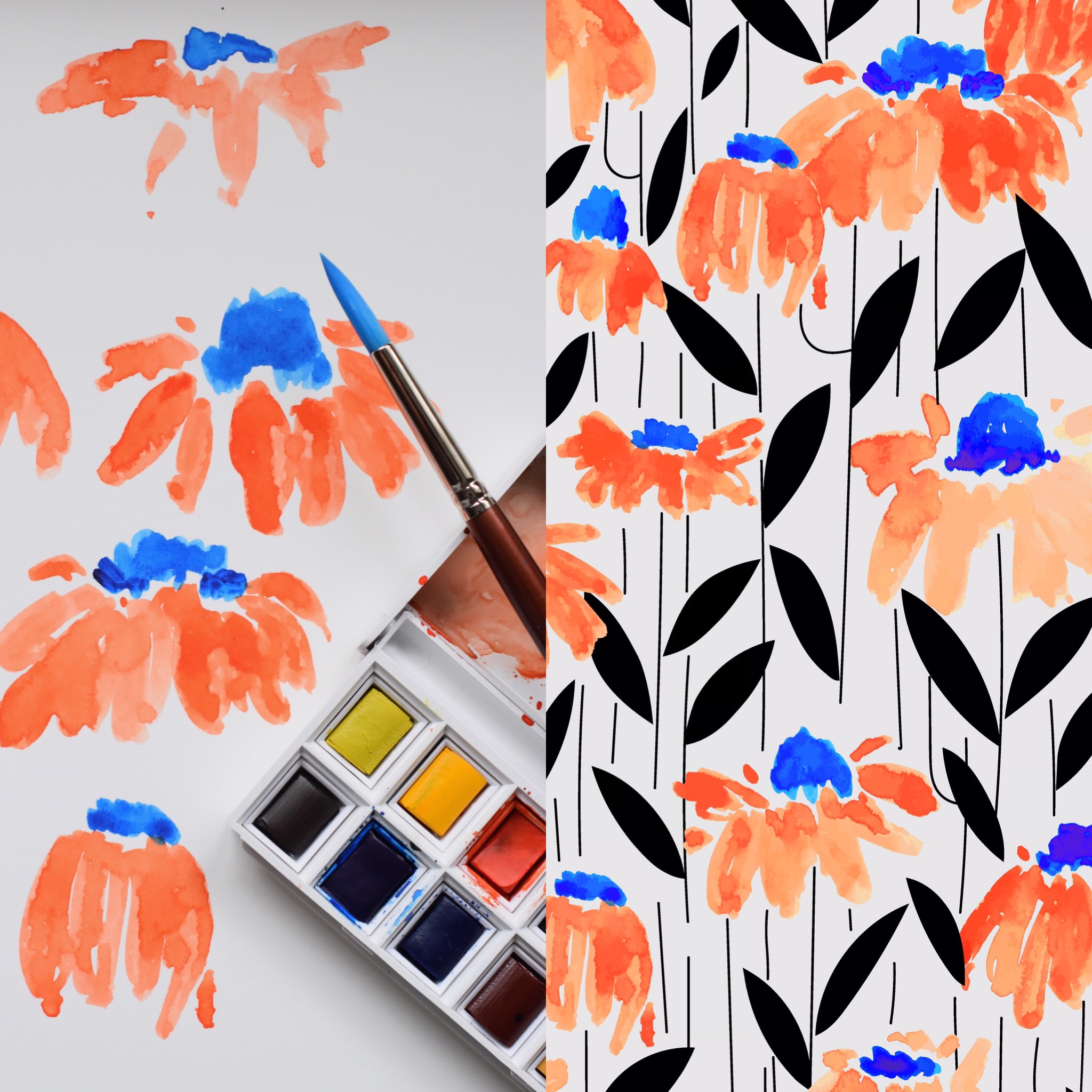Watercolor to repeat pattern process