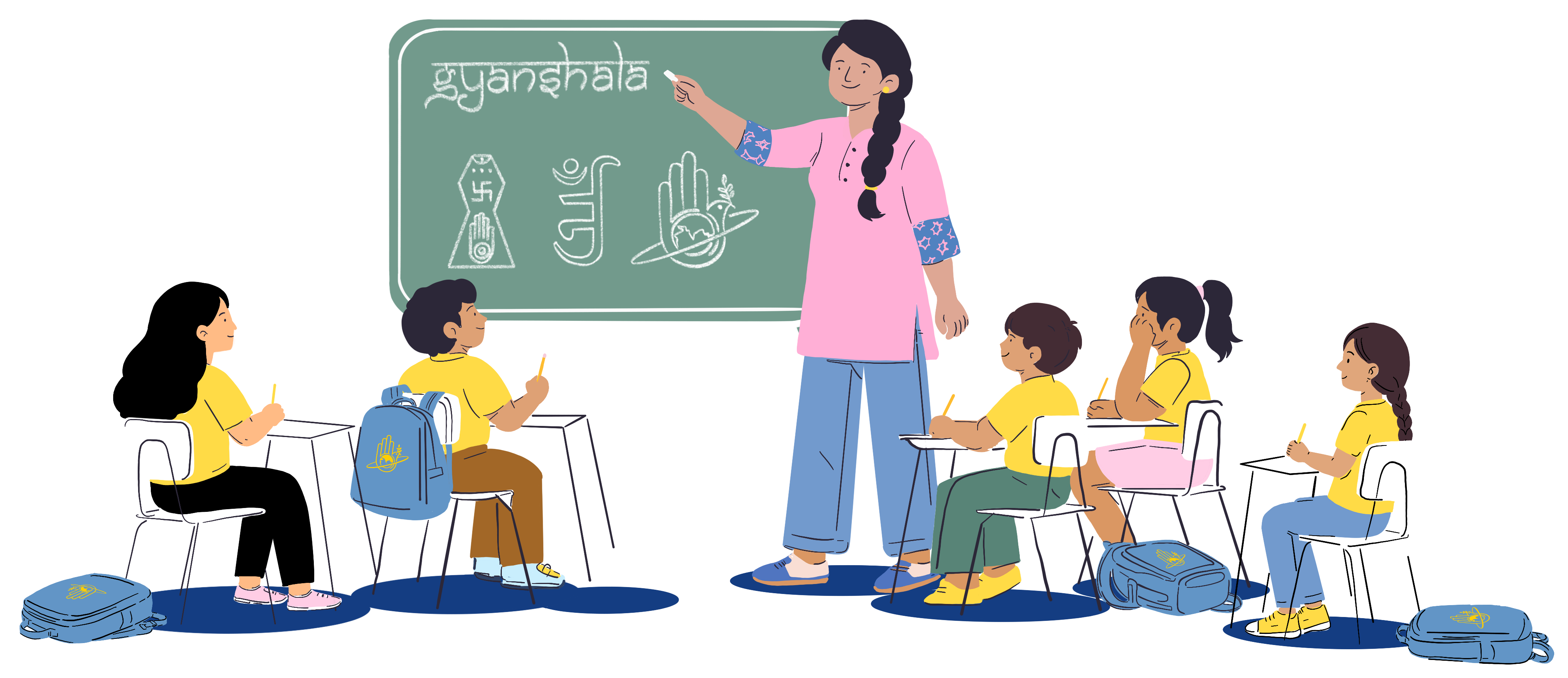 A teacher at a chalkboard with three Gyanshala students